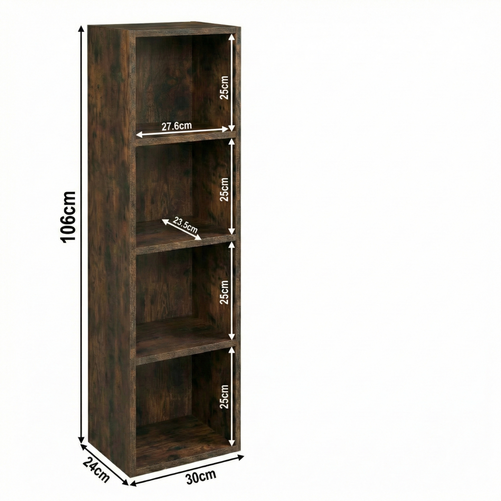 [4 Shelf | Rustic] schematic of four-cubby chest-height rustic unit, 30 x 24 x 106 cm; pairs enamel jug with dried wheat
