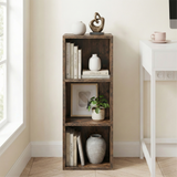 [3 Shelf | Rustic] head-on shot of three-cubby half-height rustic cube unit by terracotta clay rendered wall