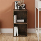 [2 Shelf | Rustic] front-on view of rustic-grain 54cm-tall compact bookcase inside farmhouse corner