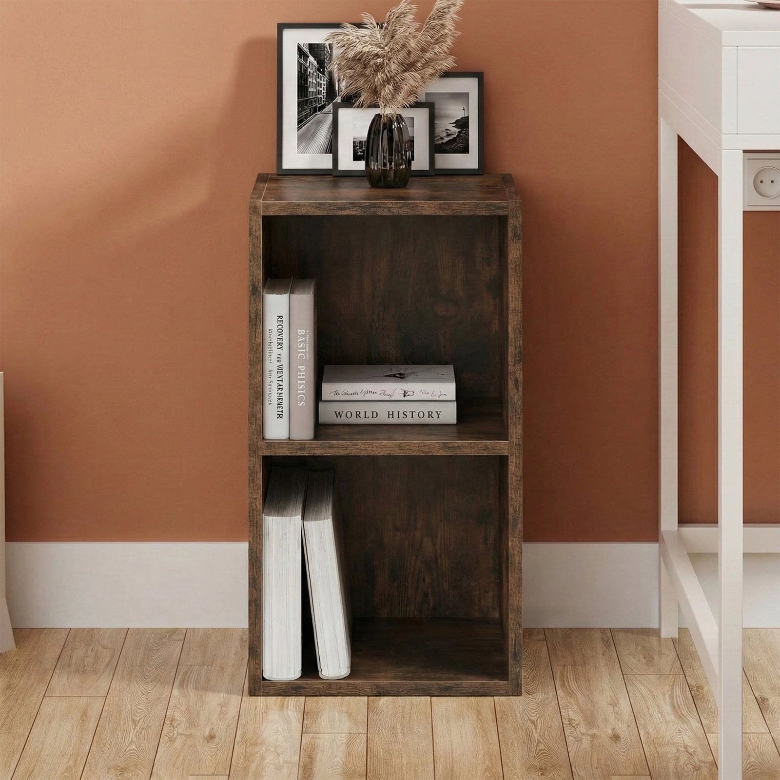 [2 Shelf | Rustic] front-on view of rustic-grain 54cm-tall compact bookcase inside farmhouse corner