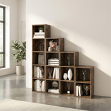 [5 Shelf | Rustic] pair of five-cubby floor-to-eye rustic bookcases as step set, farmhouse corner backdrop