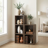 [3 Shelf | Rustic] rustic panel desk-height cube bookcases stepped, pairs with enamel jug with dried wheat