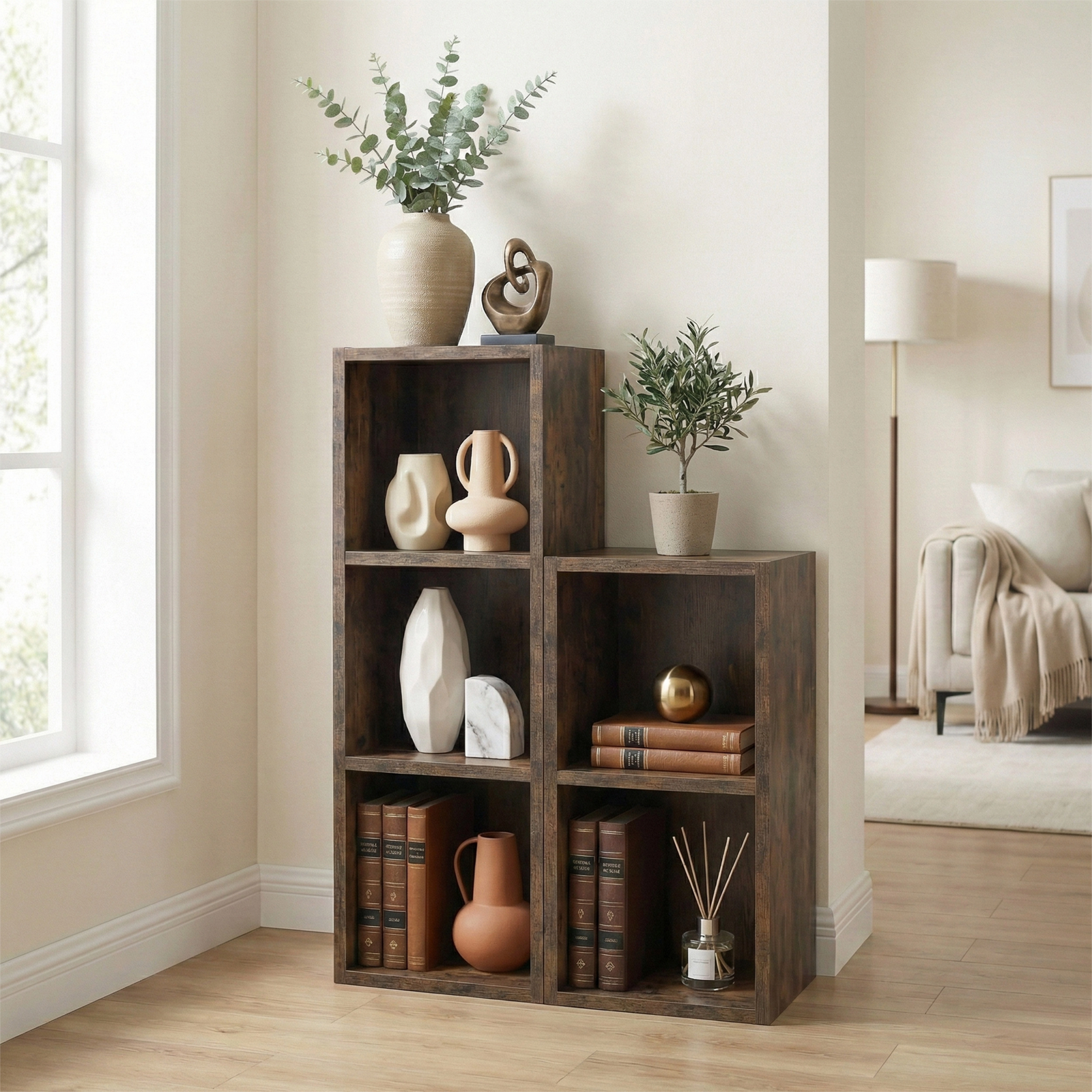 [3 Shelf | Rustic] rustic panel desk-height cube bookcases stepped, pairs with enamel jug with dried wheat