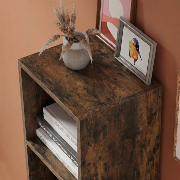 [2 Shelf | Rustic] close detail on dark rustic bedside-height cabinet corner inside farmhouse corner
