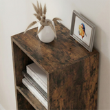 [4 Shelf | Rustic] top surface of rustic panel hallway-tall bookcase, framed print, over reclaimed plank floor