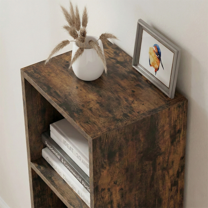 [4 Shelf | Rustic] top surface of rustic panel hallway-tall bookcase, framed print, over reclaimed plank floor