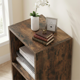 [3 Shelf | Rustic] upper close up of three-cubby half-height rustic cube bookcase against terracotta clay rendered wall