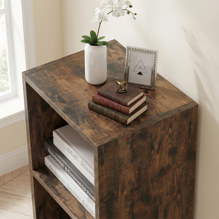 [3 Shelf | Rustic] upper close up of three-cubby half-height rustic cube bookcase against terracotta clay rendered wall