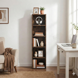 [5 Shelf | Rustic] front view of dark rustic column-style bookcase rising along enamel jug with dried wheat