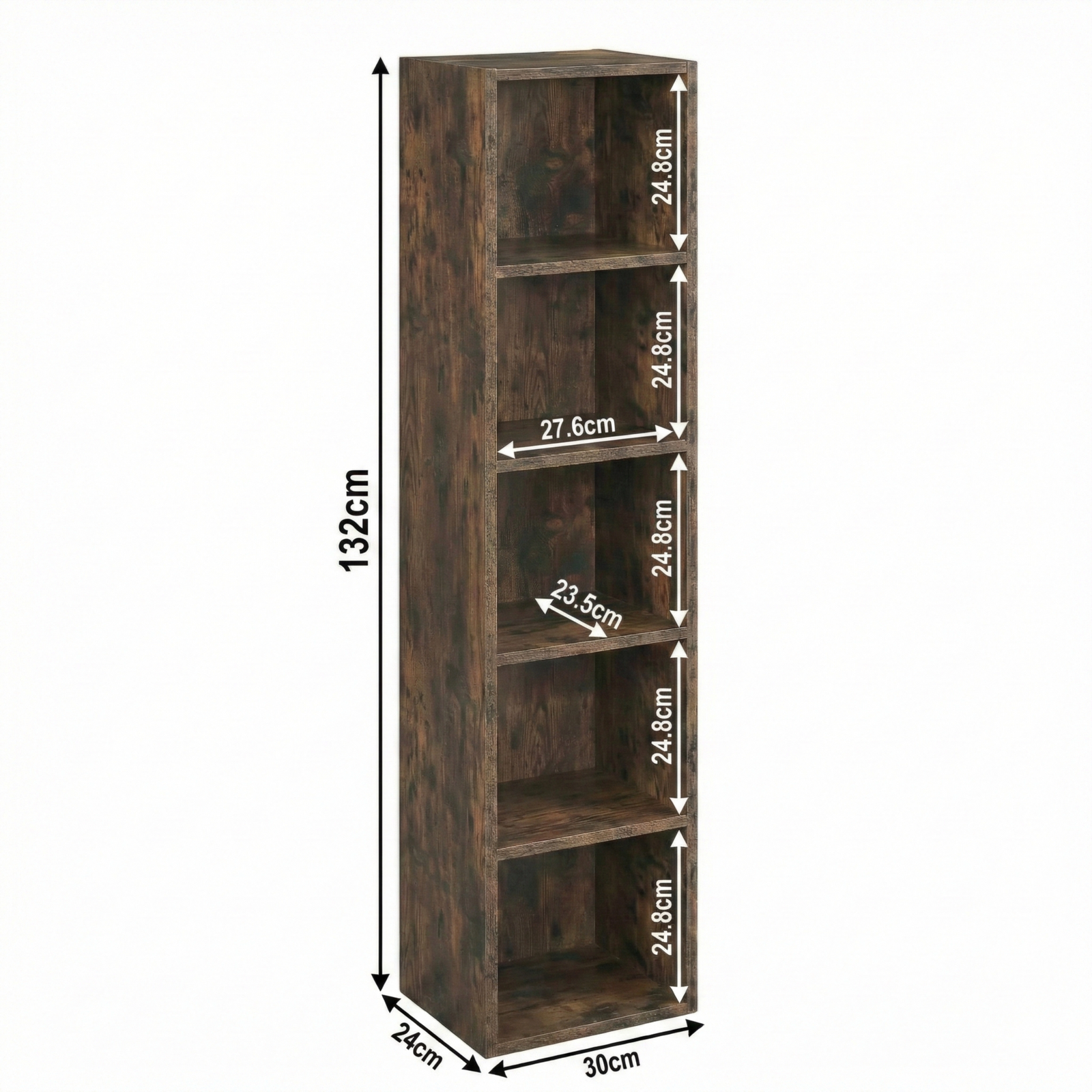 [5 Shelf | Rustic] dark rustic 5-cubby sizes: 30 x 24 x 132 cm; sits by terracotta clay rendered wall