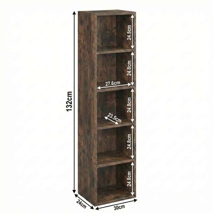 [5 Shelf | Rustic] dark rustic 5-cubby sizes: 30 x 24 x 132 cm; sits by terracotta clay rendered wall
