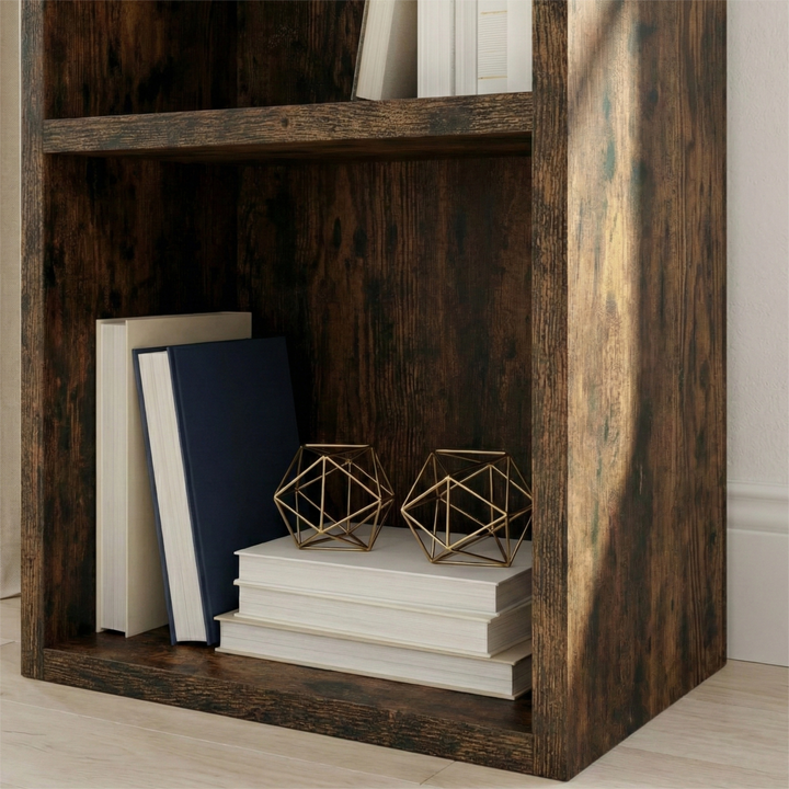 [4 Shelf | Rustic] compartment on dark rustic counter-height cabinet, book stack and enamel jug with dried wheat