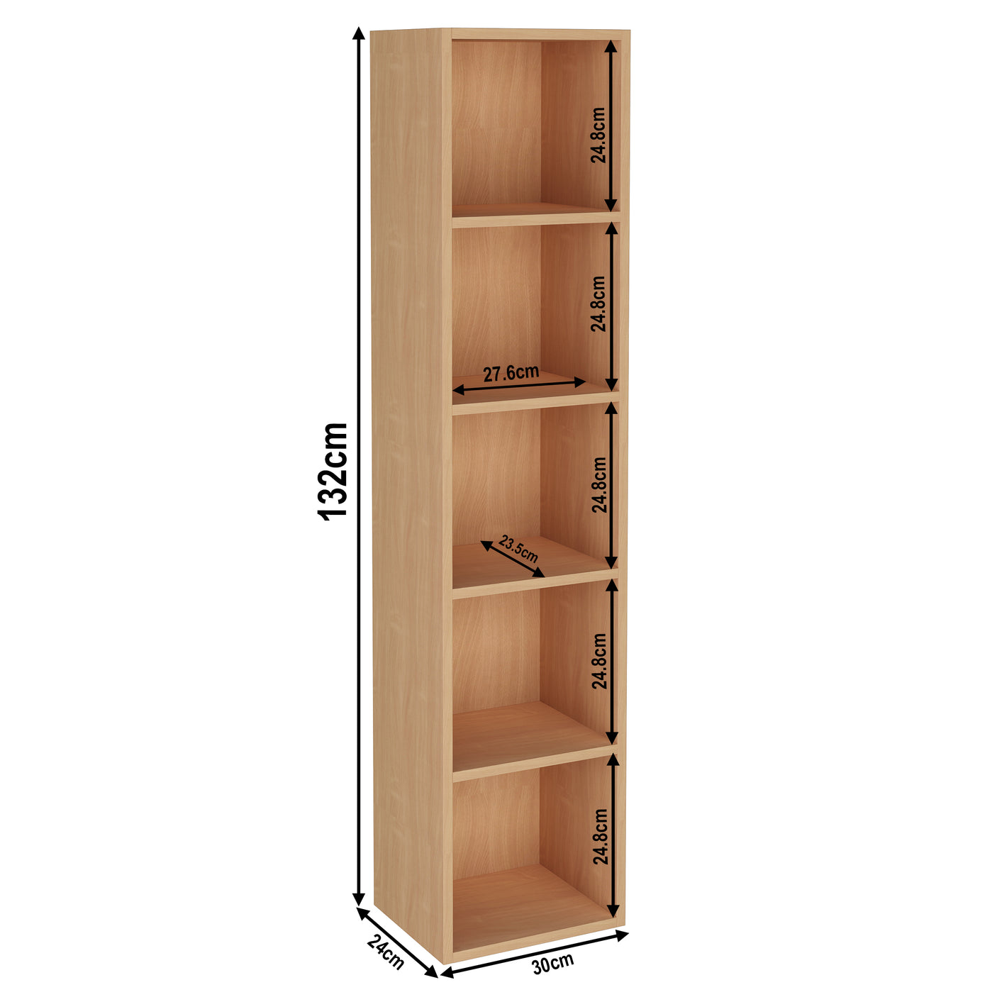 Dimensions of oak 5 Tier Bookcase Cube Storage Unit, 132cm tall and 30cm wide, perfect for vertical storage.
