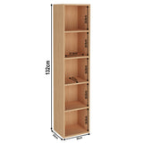 Dimensions of oak 5 Tier Bookcase Cube Storage Unit, 132cm tall and 30cm wide, perfect for vertical storage.