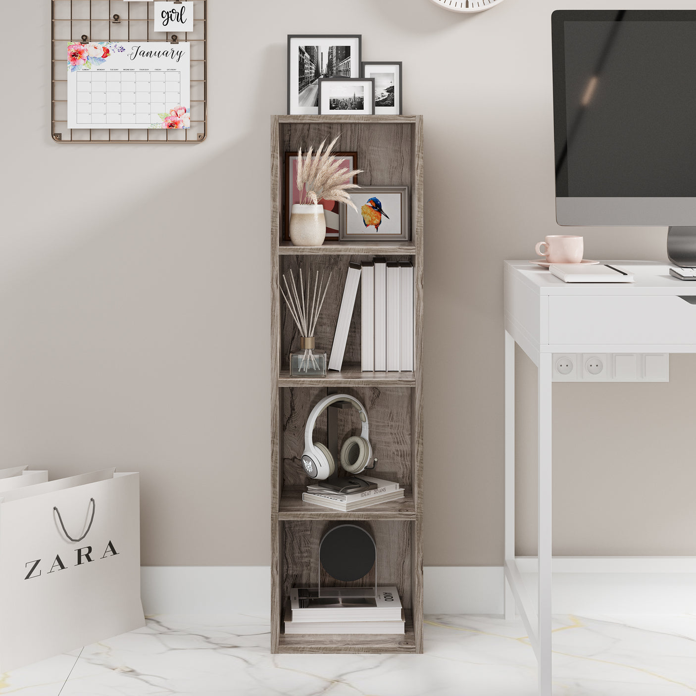 Narrow 4 Tier Bookcase Cube Storage Unit beside a desk. Stylish and functional storage for home or office.