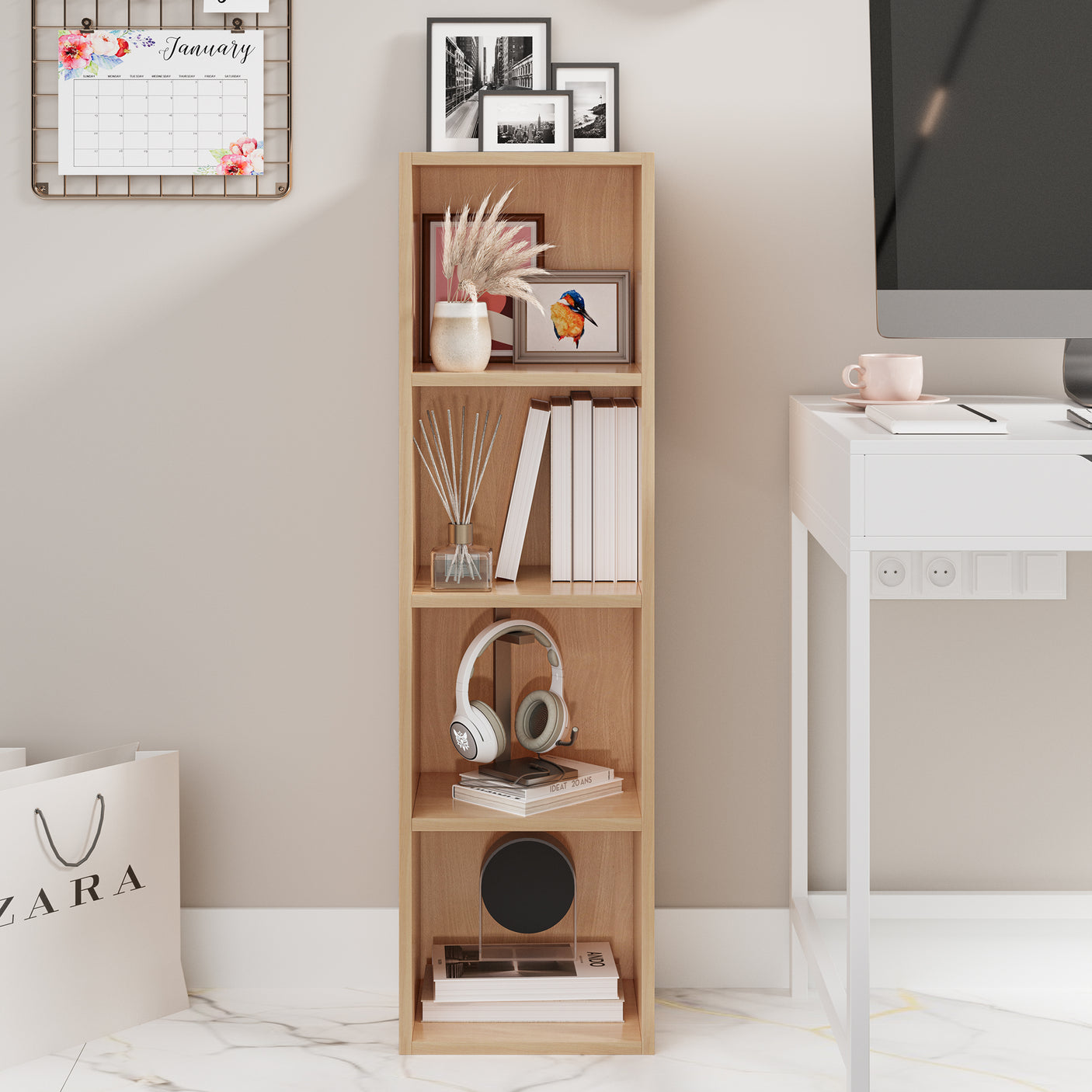 Beech narrow 4 Tier Bookcase Cube Storage Unit beside a desk. Light wood shelving ideal for books, decor, and accessories.