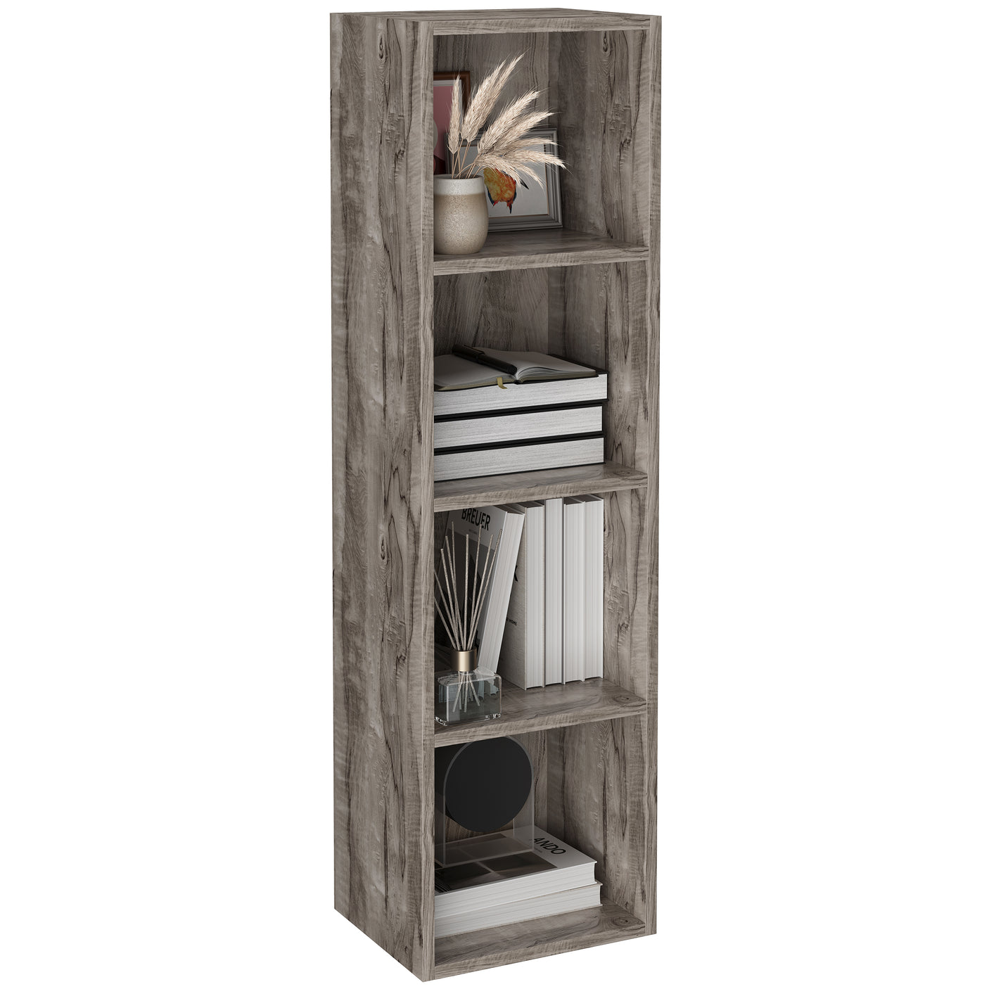 Angled view of rustic wood 4 Tier Bookcase Cube Storage Unit with books and decor. Ideal for cozy and rustic spaces.
