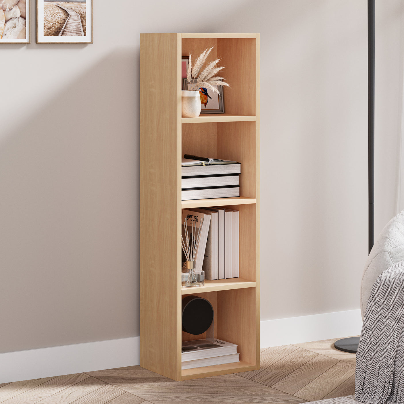 Side view of oak 4 Tier Bookcase Cube Storage Unit. Compact and stylish design for efficient home storage.