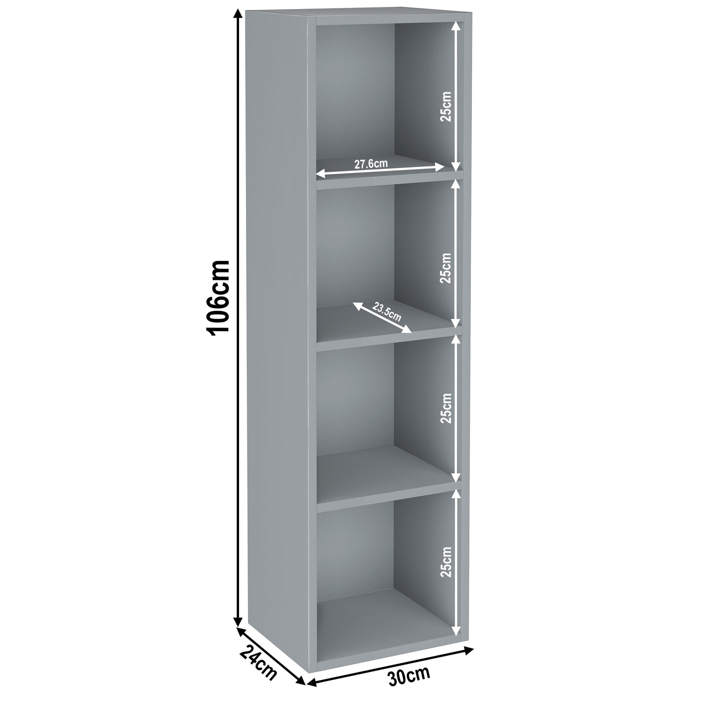 Grey 4 Tier Bookcase Cube Storage Unit with labeled dimensions. Compact 106cm tall shelving unit for versatile use.