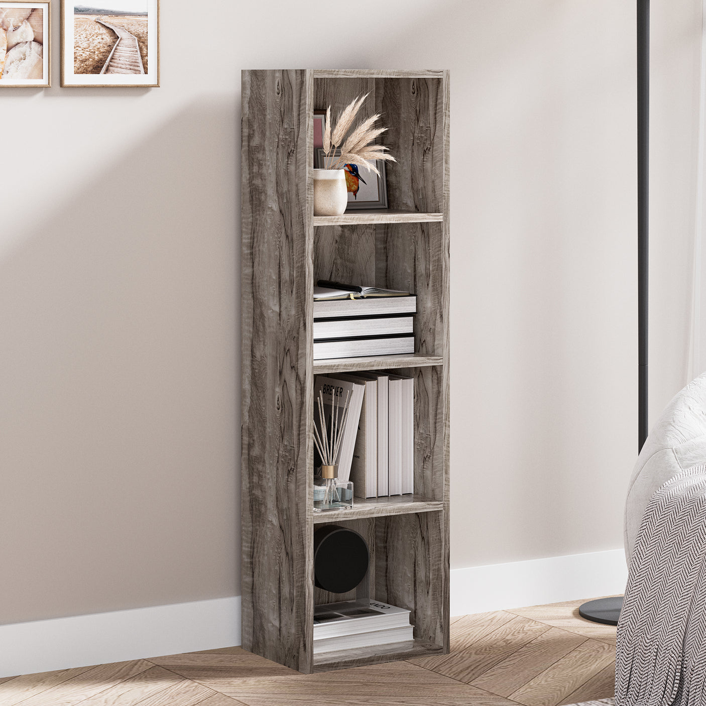 Side view of coach wood 4 Tier Bookcase Cube Storage Unit. Natural finish and compact design for modern interiors.