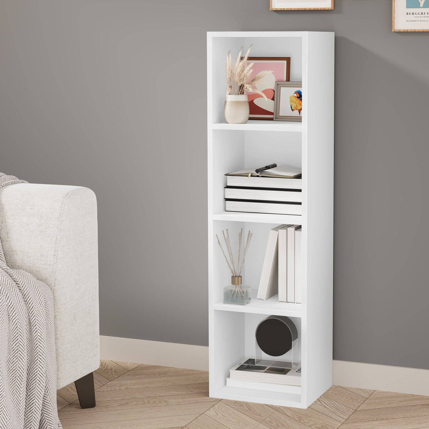 White 4 Tier Bookcase Cube Storage Unit Book Shelf in a modern living room. Narrow shelving unit ideal for books, decor or office supplies.
