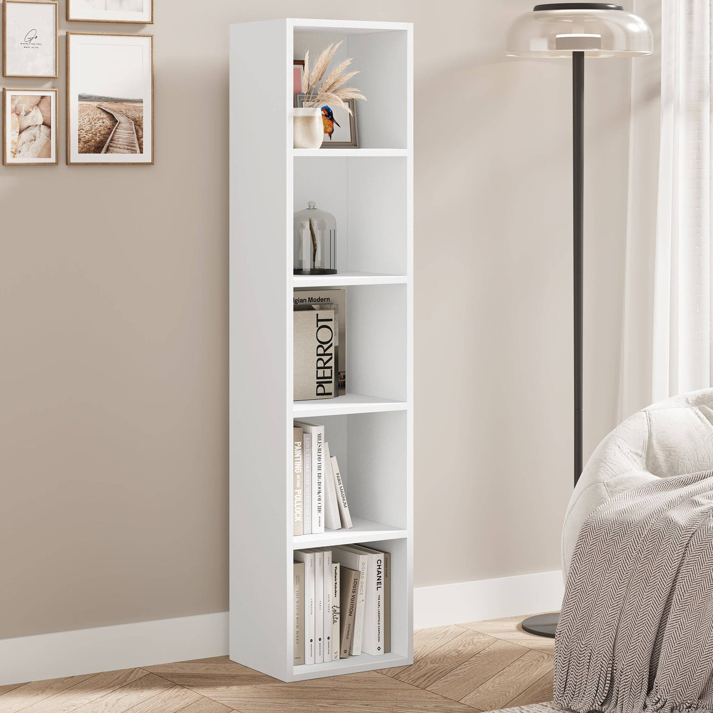 White 5 Tier Bookcase Cube Storage Unit with narrow design, ideal for small spaces in modern living rooms or bedrooms.
