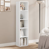 White 5 Tier Bookcase Cube Storage Unit with narrow design, ideal for small spaces in modern living rooms or bedrooms.