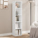 White 5 Tier Bookcase Cube Storage Unit with narrow design, ideal for small spaces in modern living rooms or bedrooms.