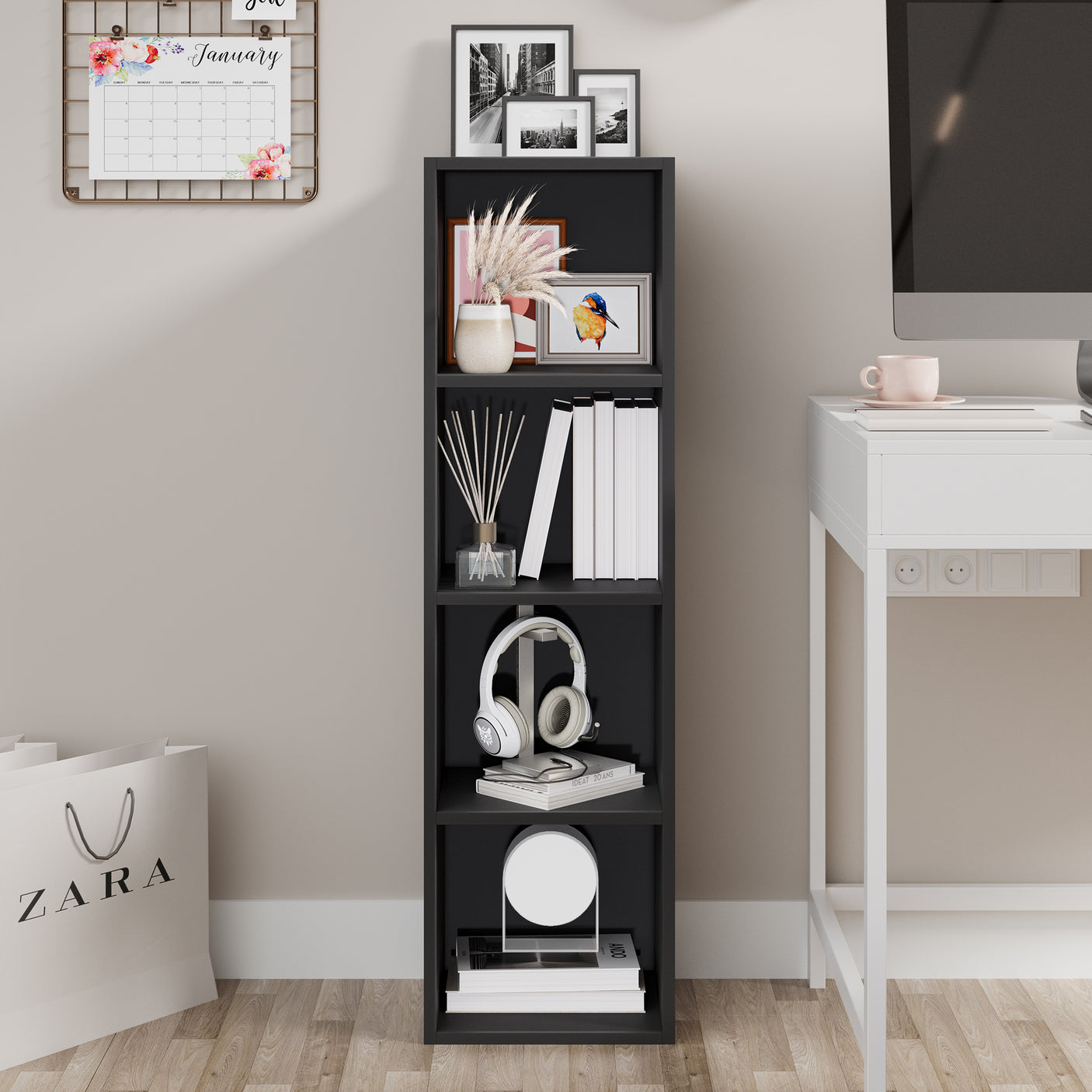 Black narrow 4 Tier Bookcase Cube Storage Unit beside a desk. Sleek shelving solution for books, tech and decor.