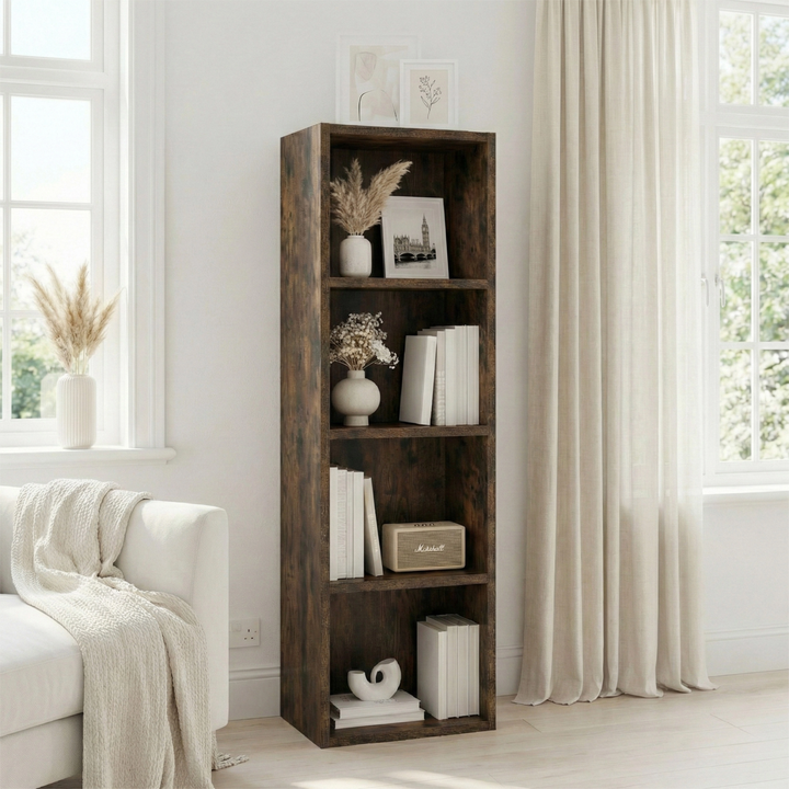 [4 Shelf | Rustic] living alcove setup with rustic panel hallway-tall bookcase over reclaimed plank floor