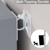 Anti-tipping device for grey tall bookcase ensures secure wall attachment for child safety and stability.