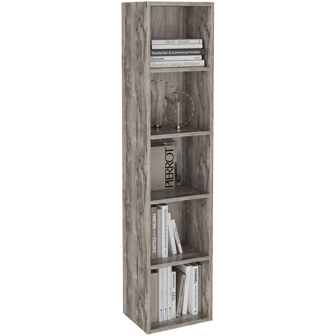 Rustic wood tall bookcase with 5 cube shelves, offering a warm and textured look for home organization.