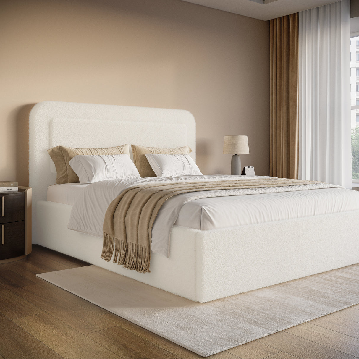Boucle upholstered ottoman storage bed with curved headboard in white, featuring gas-lift storage and minimalist design, ideal for modern bedrooms.