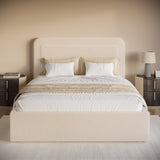 Boucle upholstered ottoman storage bed with curved headboard in beige, featuring gas-lift storage and soft fabric finish. Ideal for modern bedroom decor.