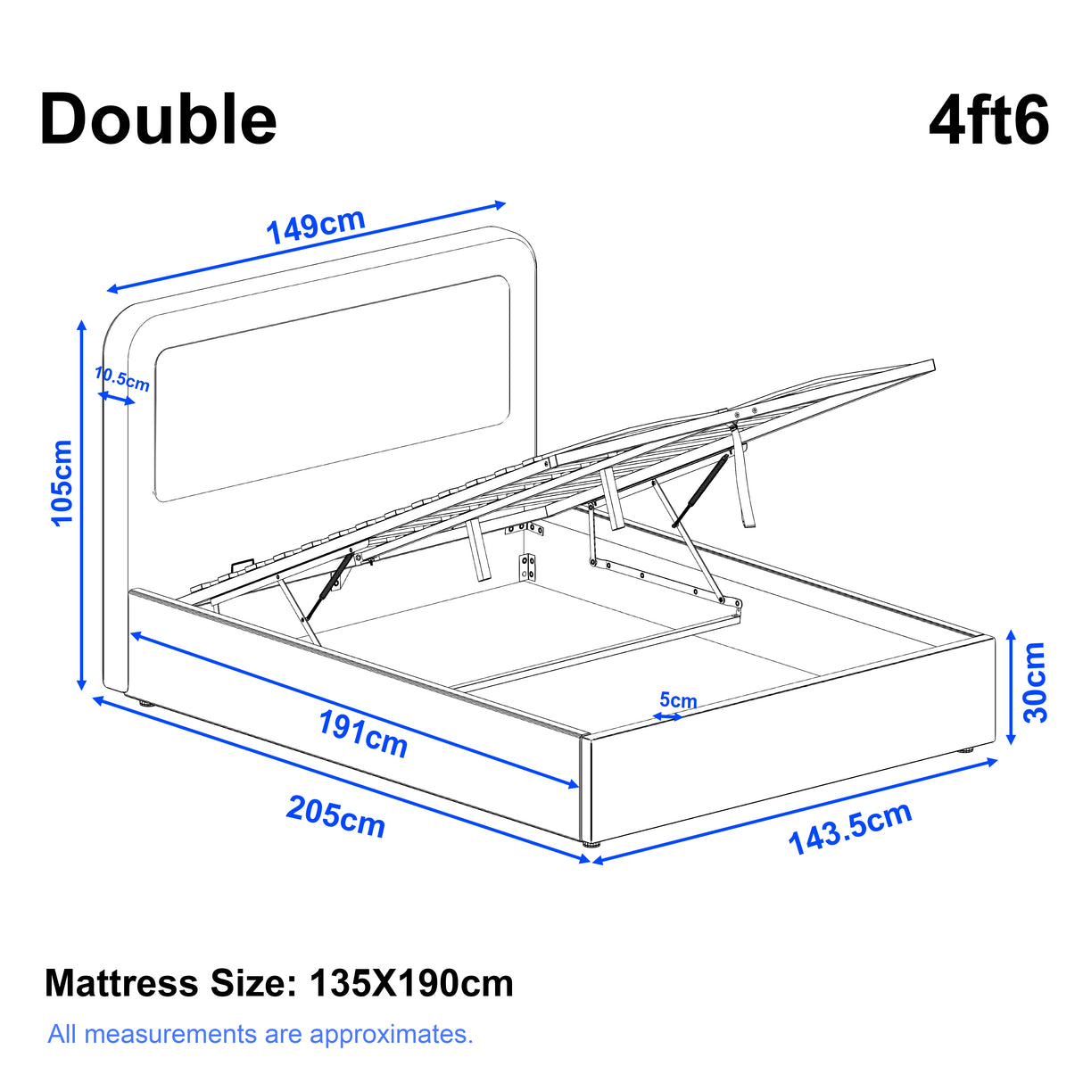 Boucle Upholstered Ottoman Storage Bed with Curved Headboard in double size 4ft6, featuring gas-lift storage and full dimension details in cm.