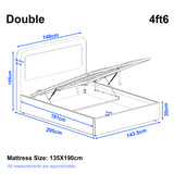 Boucle Upholstered Ottoman Storage Bed with Curved Headboard in double size 4ft6, featuring gas-lift storage and full dimension details in cm.