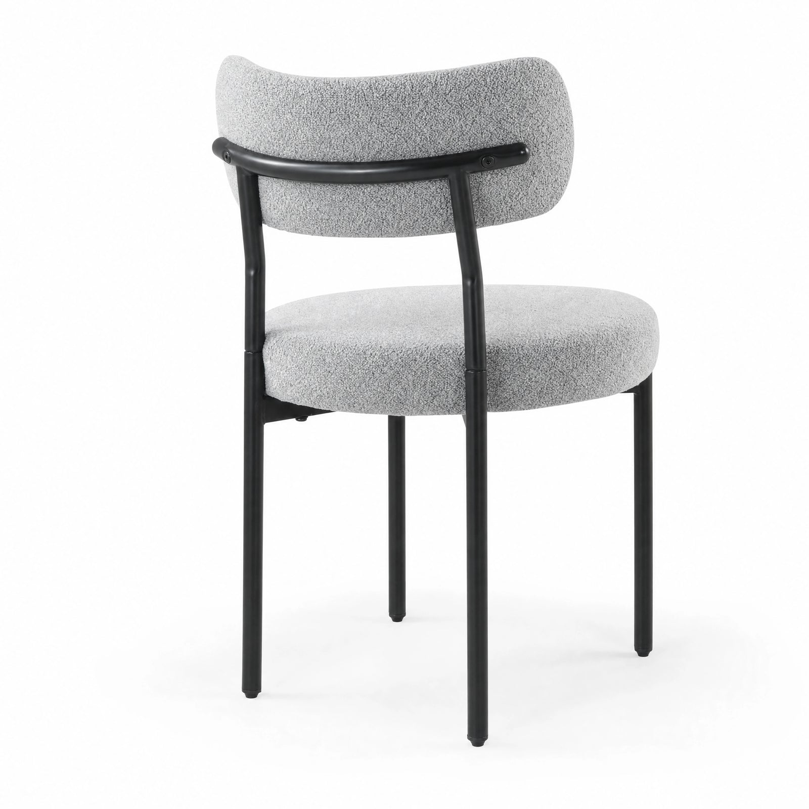 [Light Grey | Set of 4] Back studio view of boucle dining chair showing curved backrest and black support frame.