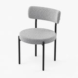 [Light Grey | Set of 4] Front studio view of boucle dining chair with rounded seat and black metal legs.