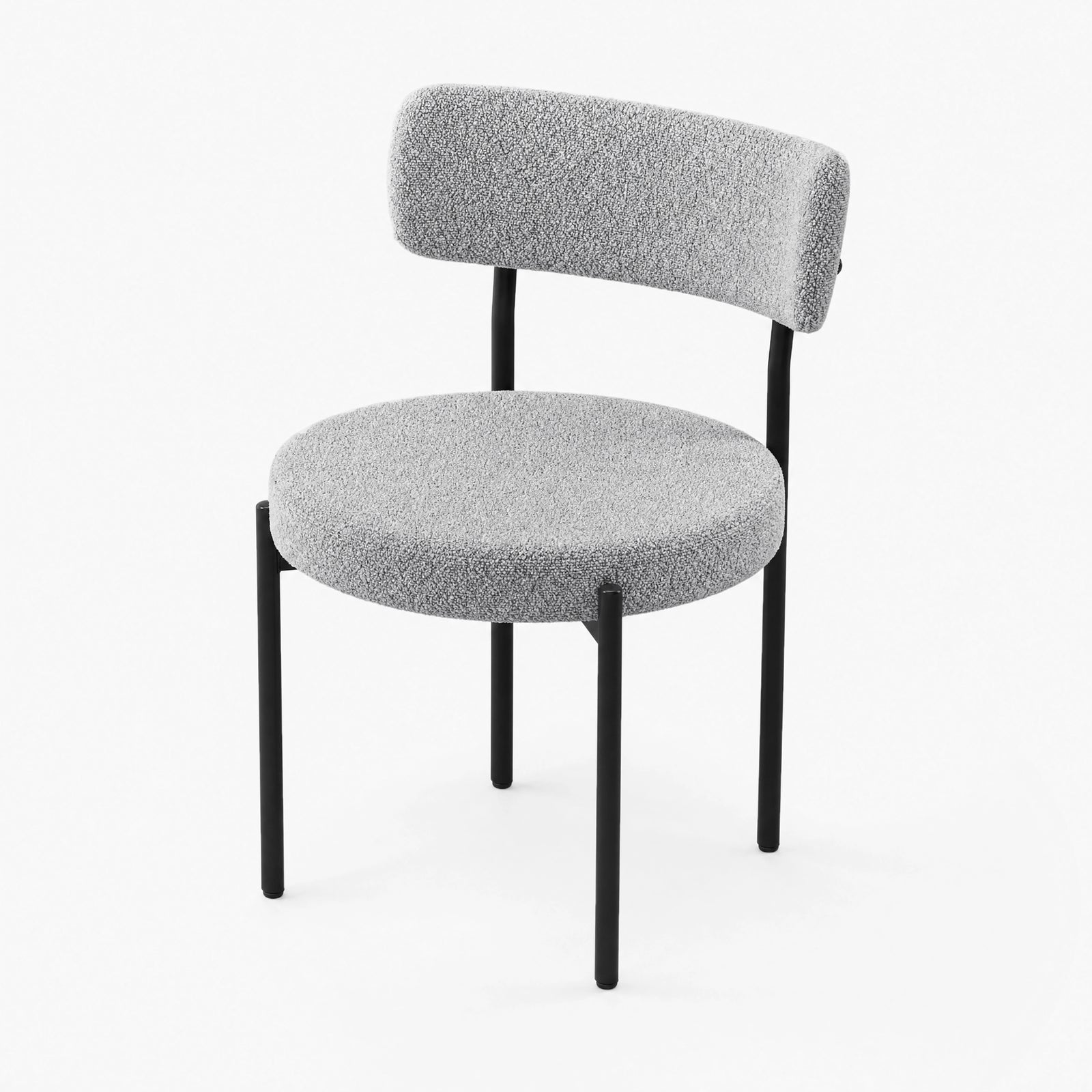 [Light Grey | Set of 4] Front studio view of boucle dining chair with rounded seat and black metal legs.