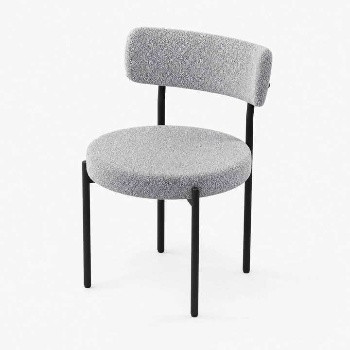 [Light Grey | Set of 4] Front studio view of boucle dining chair with rounded seat and black metal legs.