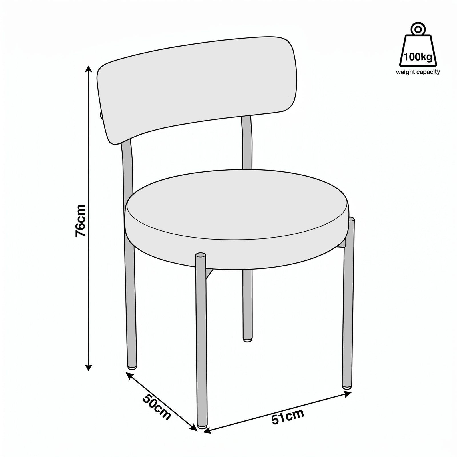 [Light Grey | Set of 4] Size guide for boucle dining chairs showing 51cm width, 50cm depth, 76cm height, and 100kg capacity.
