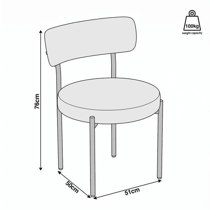 [Light Grey | Set of 4] Size guide for boucle dining chairs showing 51cm width, 50cm depth, 76cm height, and 100kg capacity.
