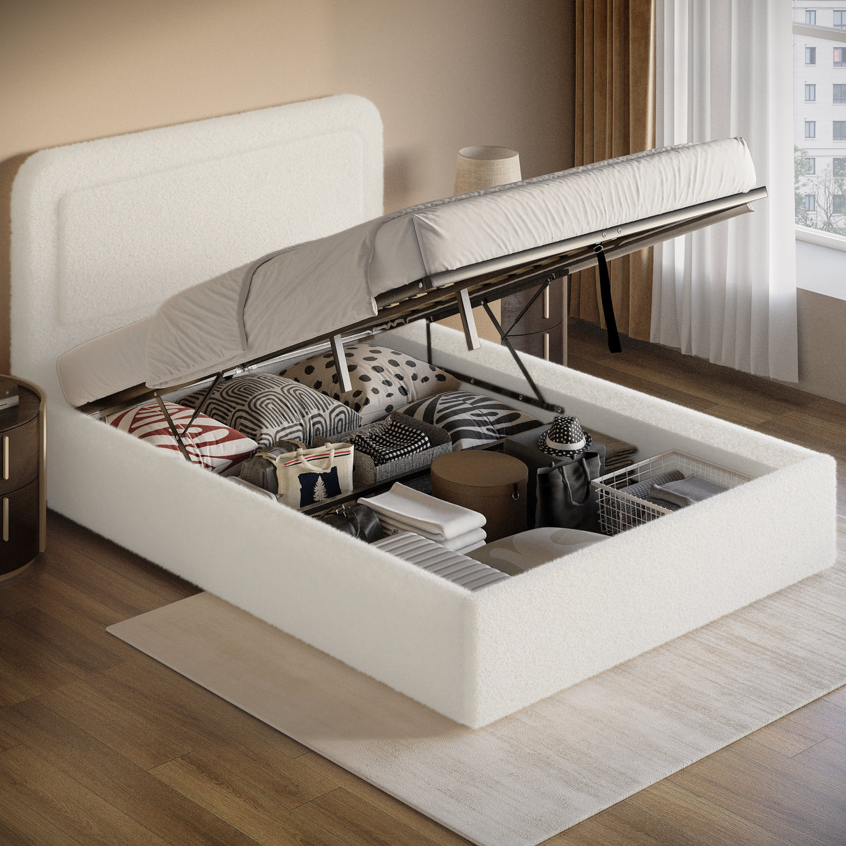 Boucle upholstered ottoman storage bed with curved headboard in white, featuring gas-lift mechanism and under-bed storage compartments.