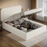 Boucle upholstered ottoman storage bed with curved headboard in white, featuring gas-lift mechanism and under-bed storage compartments.