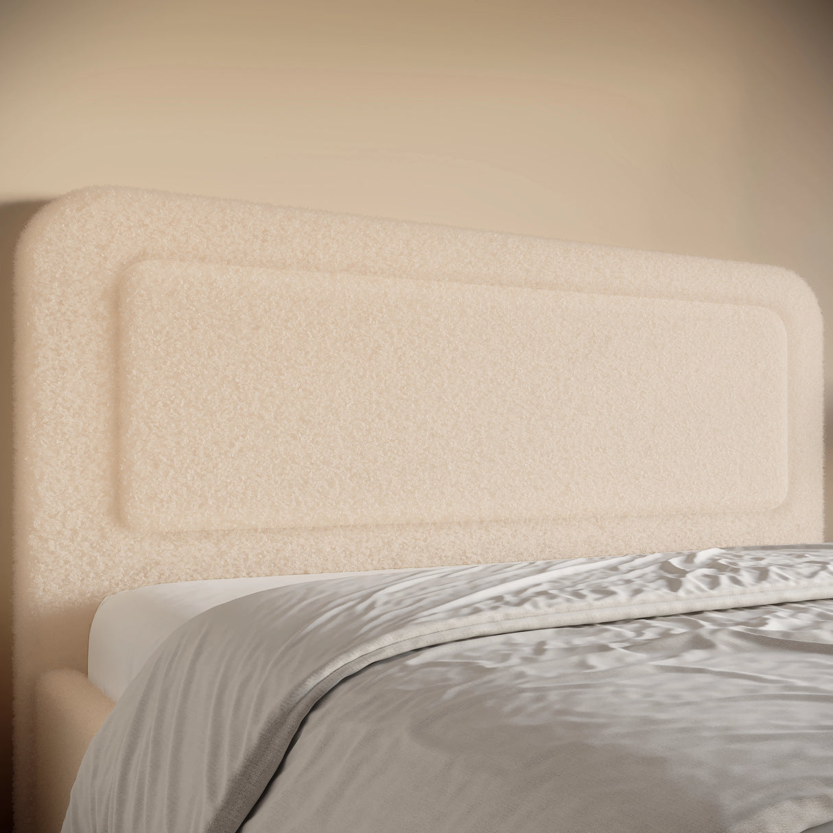 Boucle upholstered ottoman storage bed with curved headboard in beige, featuring soft textured fabric and minimalist design. Ideal for modern bedrooms.