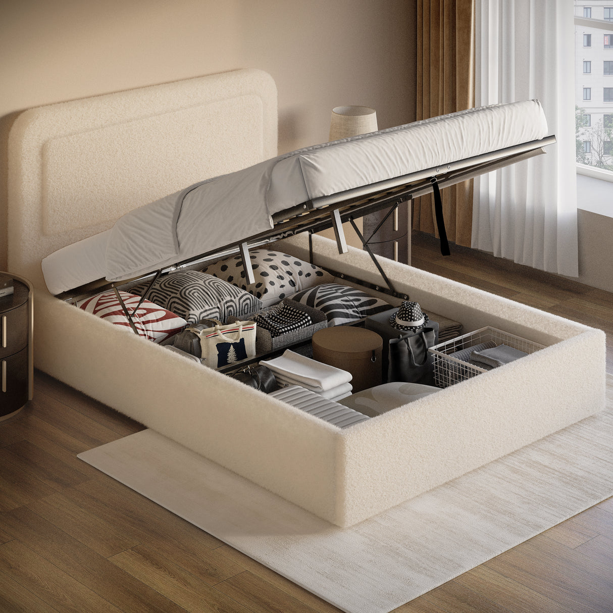 Boucle upholstered ottoman storage bed with curved headboard in beige, featuring gas-lift mechanism and under-bed storage filled with bedding and boxes.