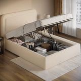 Boucle upholstered ottoman storage bed with curved headboard in beige, featuring gas-lift mechanism and under-bed storage filled with bedding and boxes.