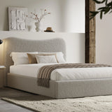 Curved headboard ottoman storage bed in beige boucle fabric with hidden under-bed storage. Stylish platform bed frame ideal for modern bedrooms.