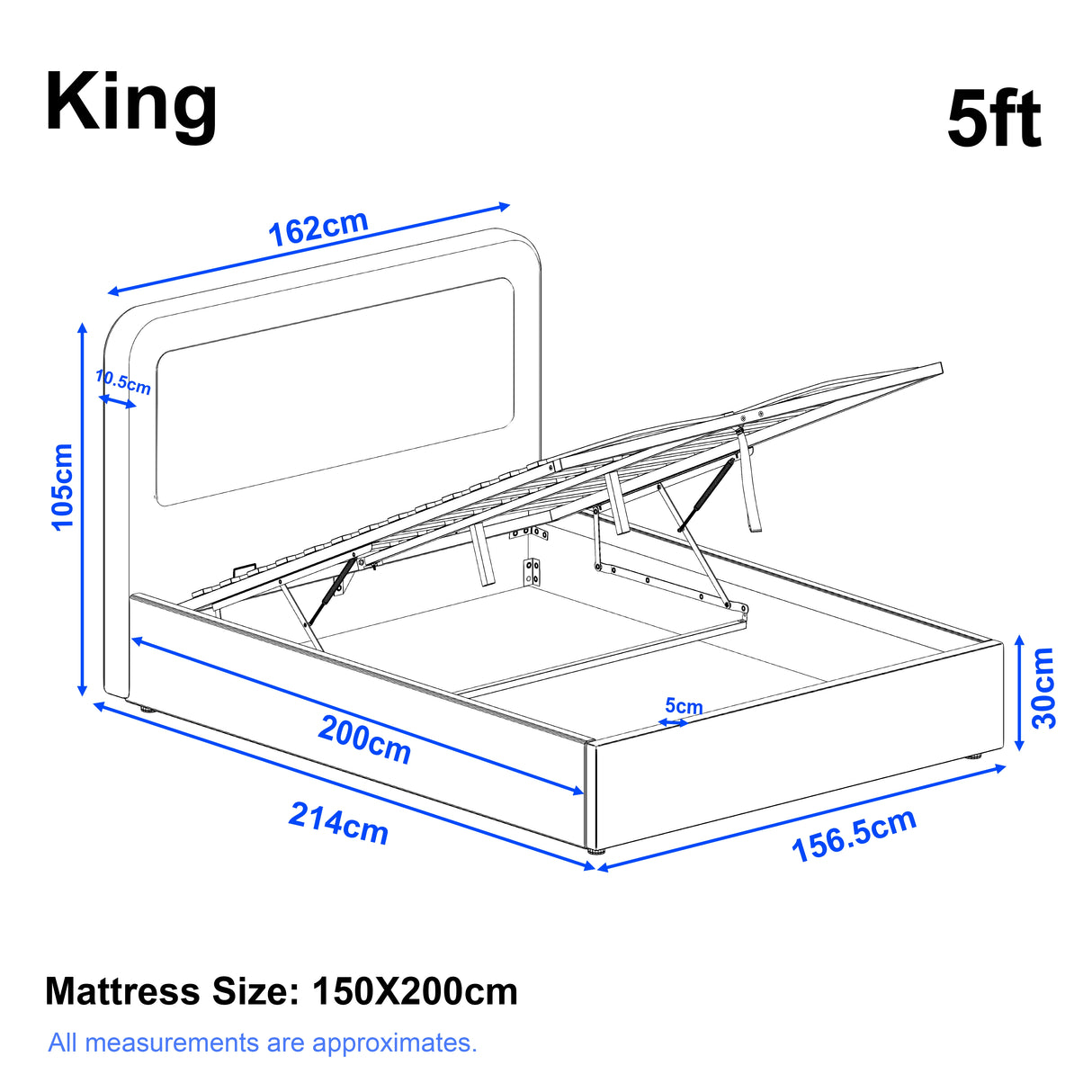 King size boucle upholstered ottoman storage bed with curved headboard and gas-lift mechanism. Dimensions: 214x156.5x105cm, fits 150x200cm mattress.