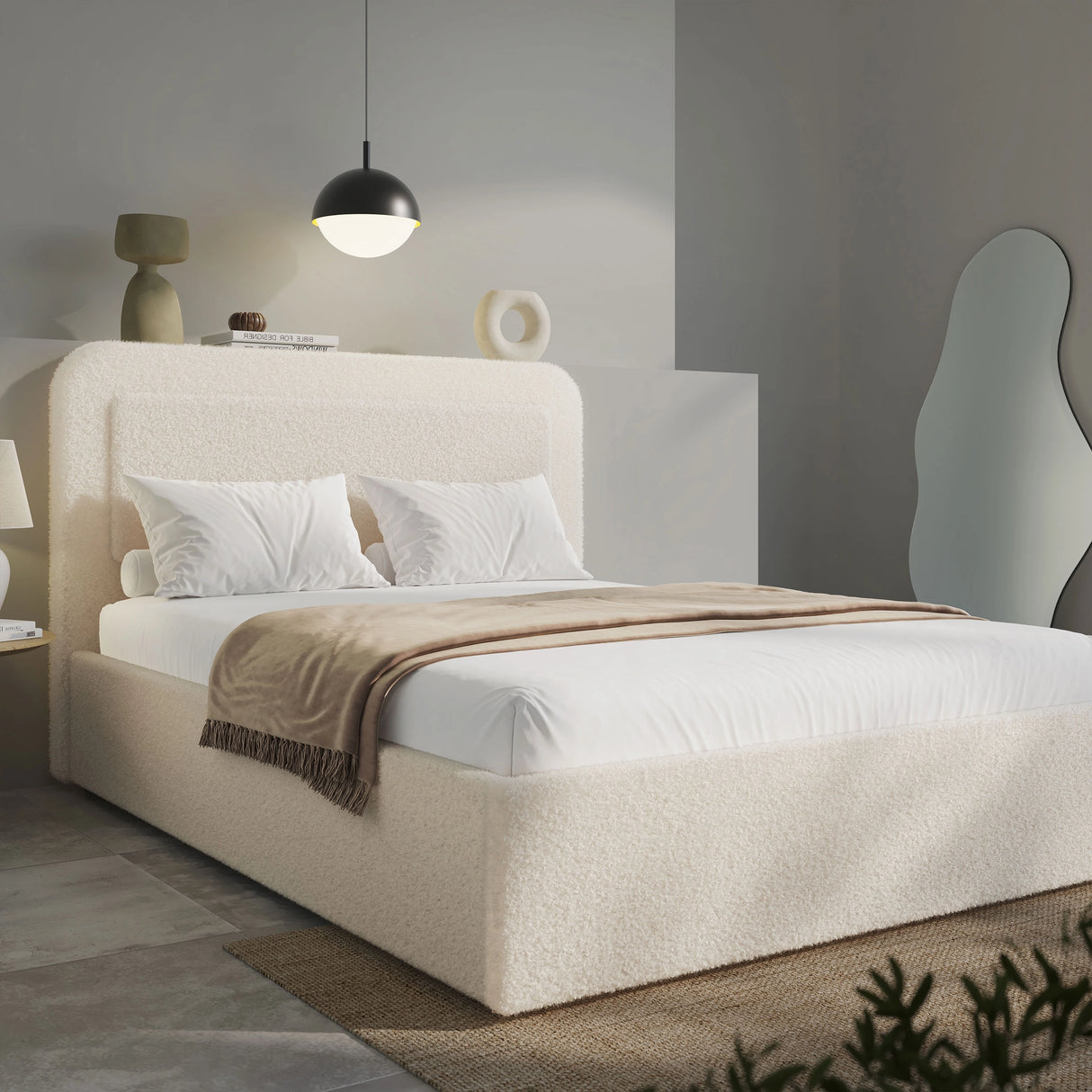 [Double | Beige] Curved headboard ottoman bed in contemporary room with neutral bedding and decorative cushions